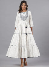 Women Off-White Cotton Dobby Embroidered Tiered Maxi Dress